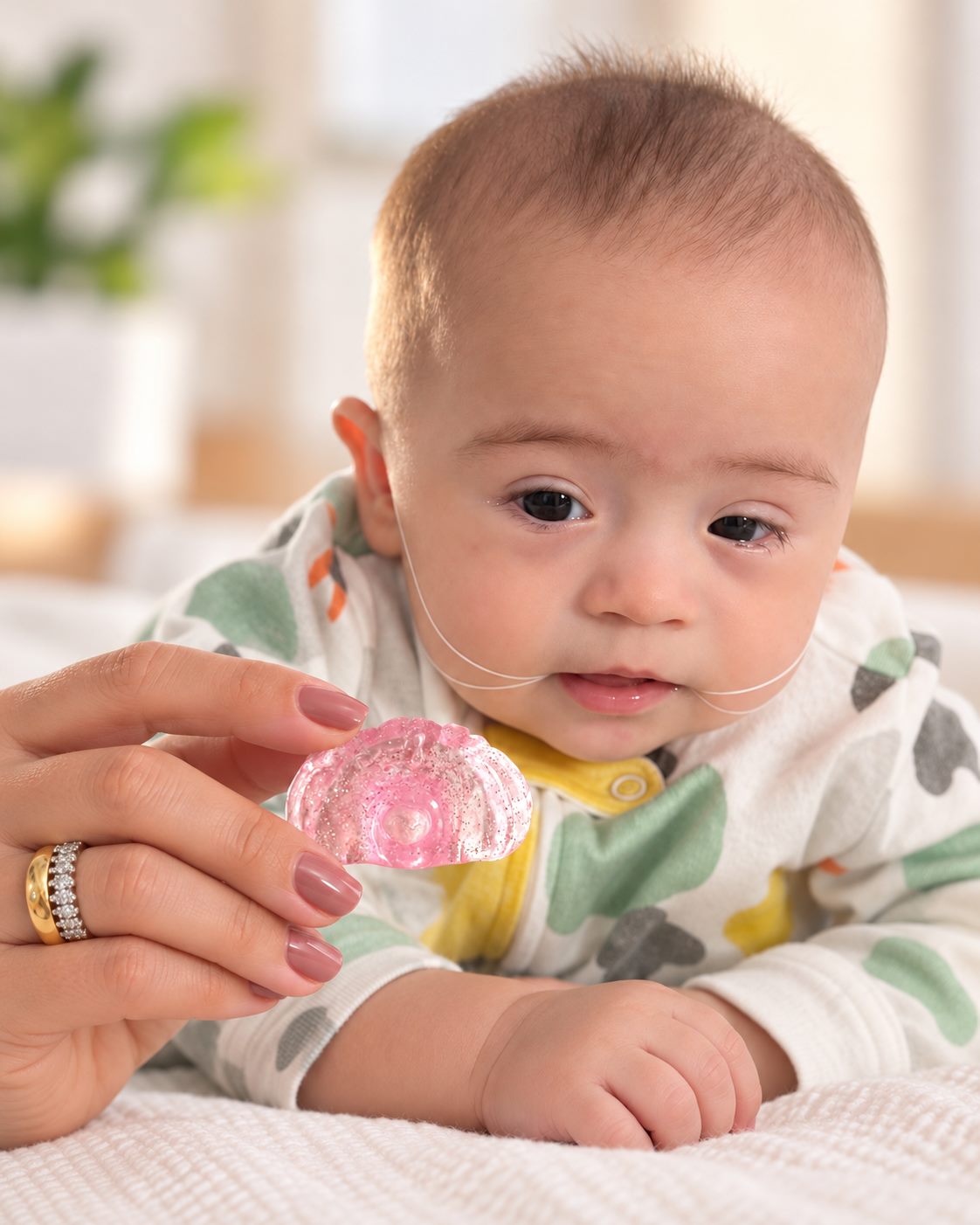 Bebê com T21 em posição de bruços