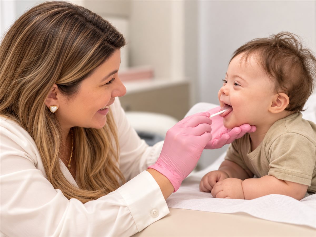 Gabriella Maia realizando exercício miofuncional em bebê com T21